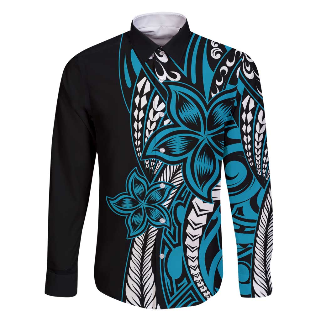 Polynesian Plumeria Floral Tattoo Pattern Family Matching Long Sleeve Bodycon Dress and Hawaiian Shirt Bllue Style