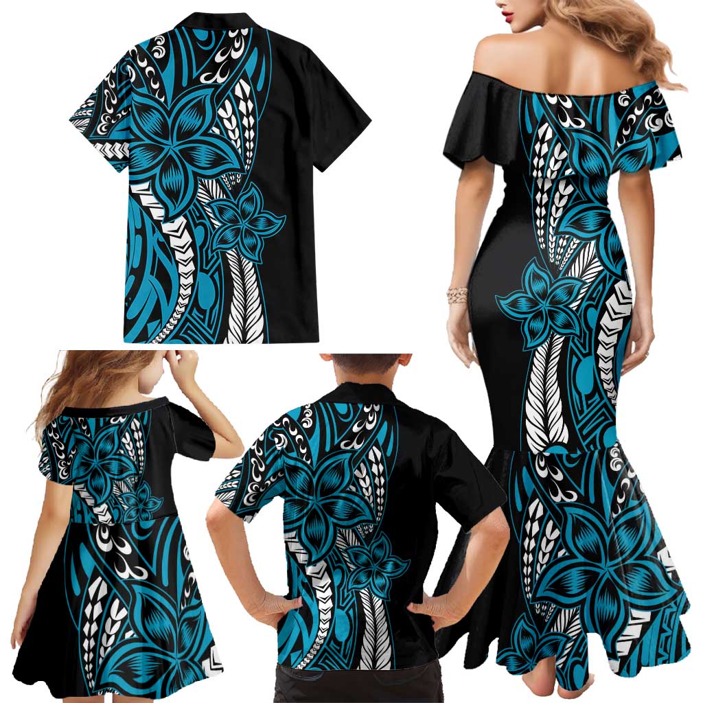 Polynesian Plumeria Floral Tattoo Pattern Family Matching Mermaid Dress and Hawaiian Shirt Bllue Style