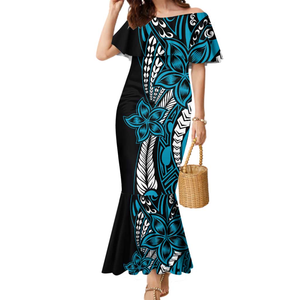 Polynesian Plumeria Floral Tattoo Pattern Family Matching Mermaid Dress and Hawaiian Shirt Bllue Style