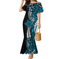 Polynesian Plumeria Floral Tattoo Pattern Family Matching Mermaid Dress and Hawaiian Shirt Bllue Style