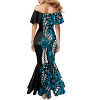 Polynesian Plumeria Floral Tattoo Pattern Family Matching Mermaid Dress and Hawaiian Shirt Bllue Style