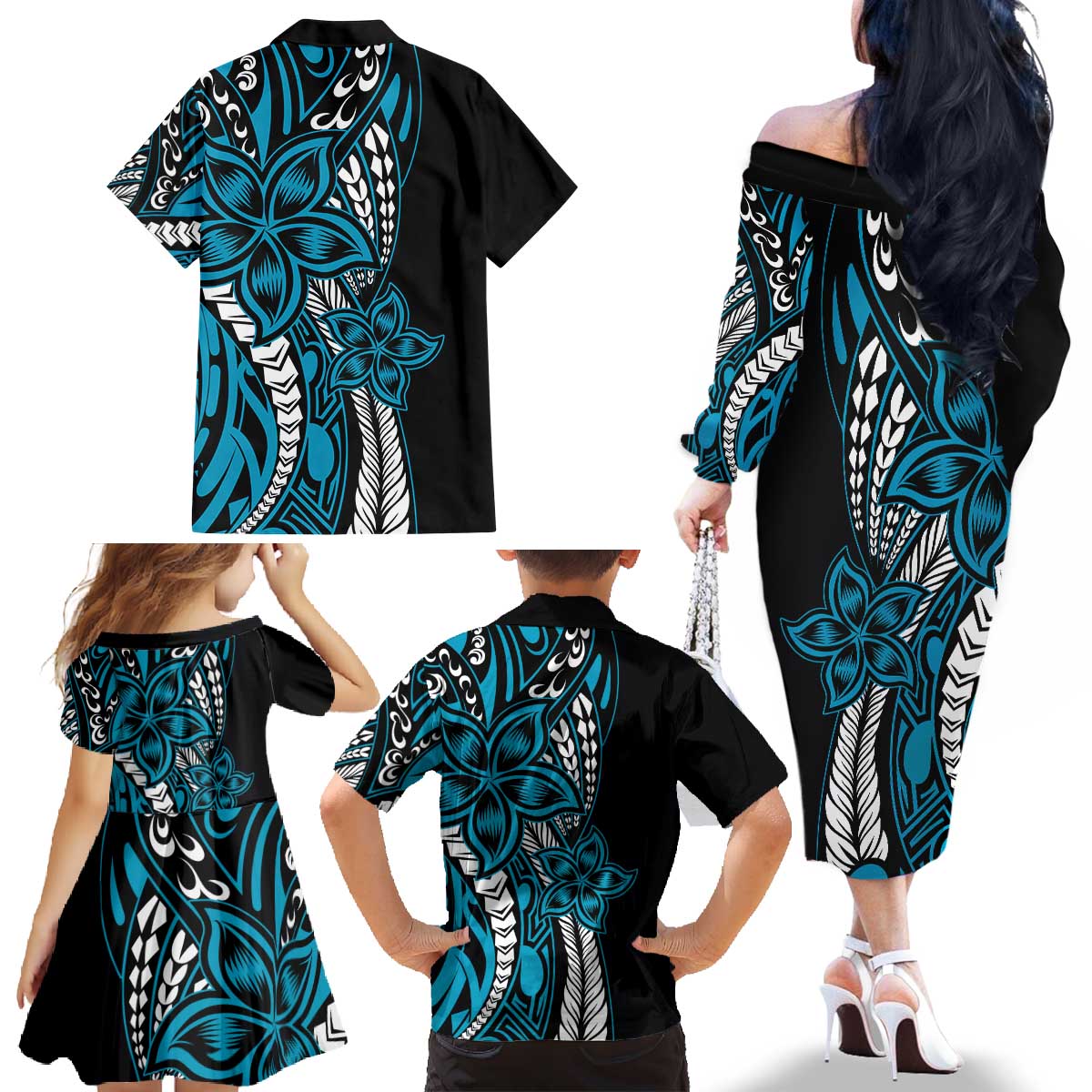Polynesian Plumeria Floral Tattoo Pattern Family Matching Off The Shoulder Long Sleeve Dress and Hawaiian Shirt Bllue Style