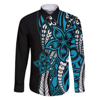 Polynesian Plumeria Floral Tattoo Pattern Family Matching Puletasi and Hawaiian Shirt Bllue Style