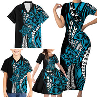 Polynesian Plumeria Floral Tattoo Pattern Family Matching Short Sleeve Bodycon Dress and Hawaiian Shirt Bllue Style