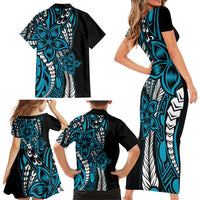 Polynesian Plumeria Floral Tattoo Pattern Family Matching Short Sleeve Bodycon Dress and Hawaiian Shirt Bllue Style
