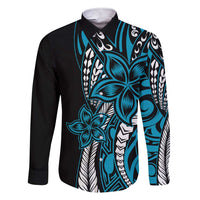 Polynesian Plumeria Floral Tattoo Pattern Family Matching Short Sleeve Bodycon Dress and Hawaiian Shirt Bllue Style