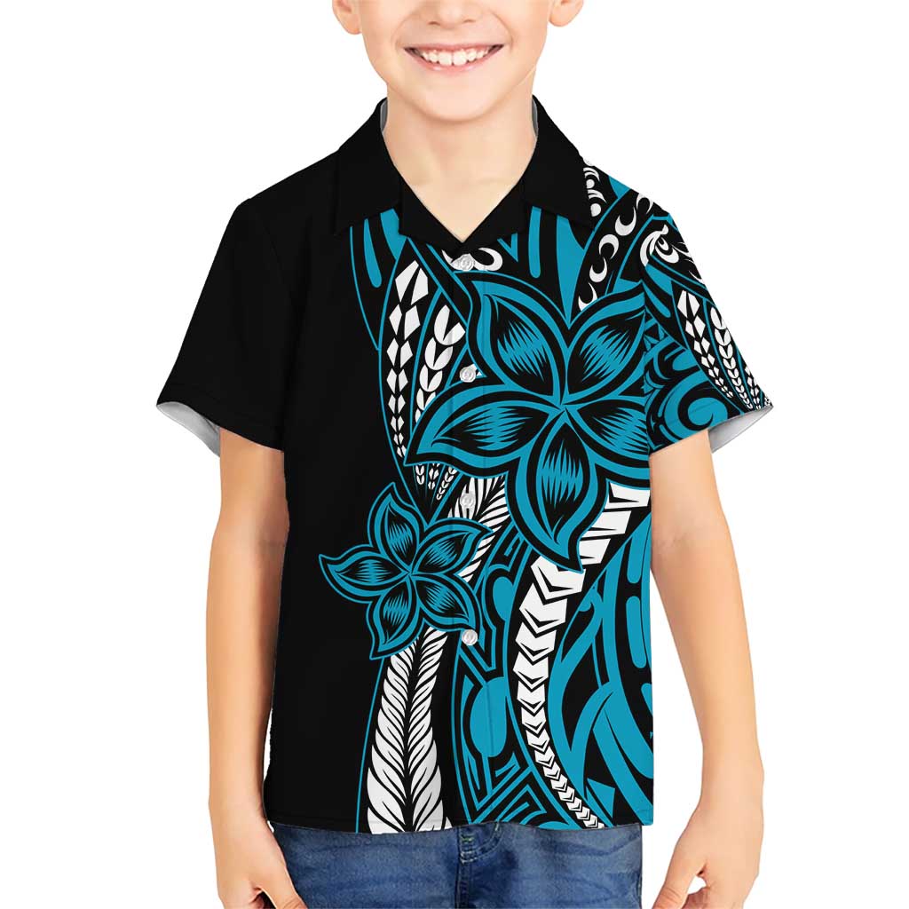Polynesian Plumeria Floral Tattoo Pattern Family Matching Short Sleeve Bodycon Dress and Hawaiian Shirt Bllue Style