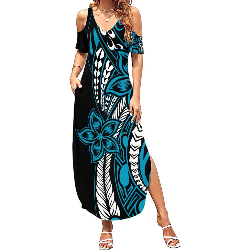 Polynesian Plumeria Floral Tattoo Pattern Family Matching Summer Maxi Dress and Hawaiian Shirt Bllue Style