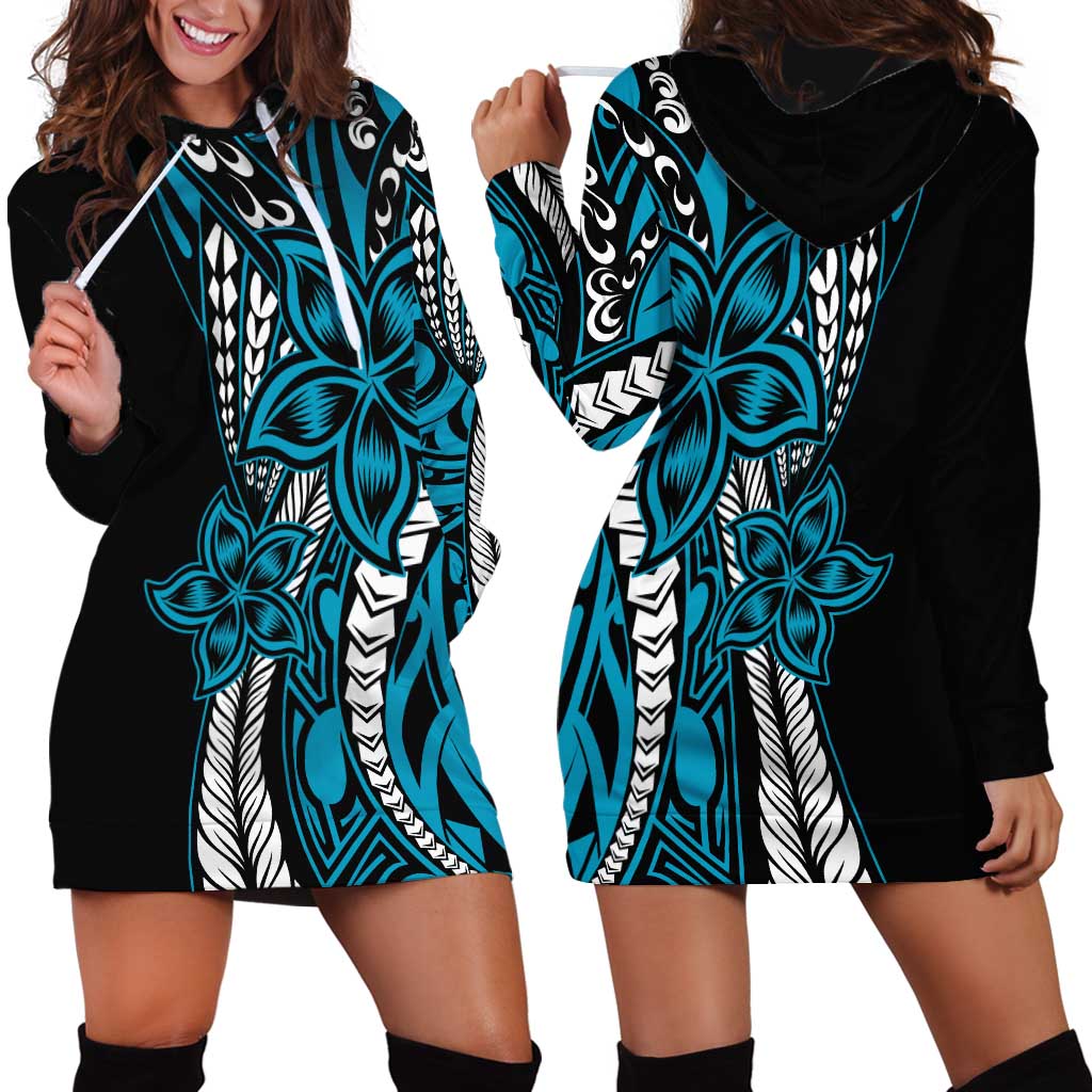 Polynesian Plumeria Floral Tattoo Pattern Hoodie Dress Bllue Style