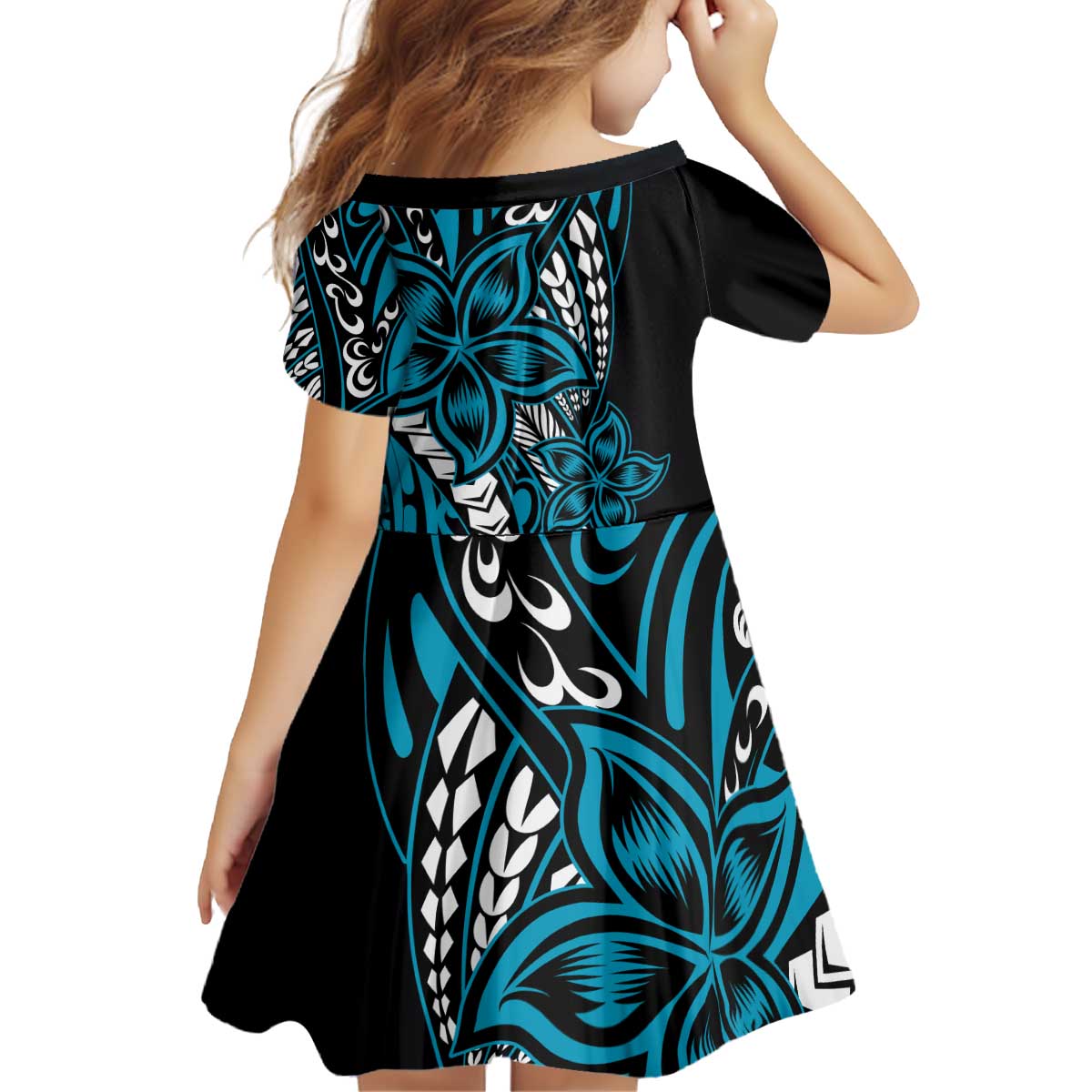 Polynesian Plumeria Floral Tattoo Pattern Kid Short Sleeve Dress Blue Style LT9 - Polynesian Pride