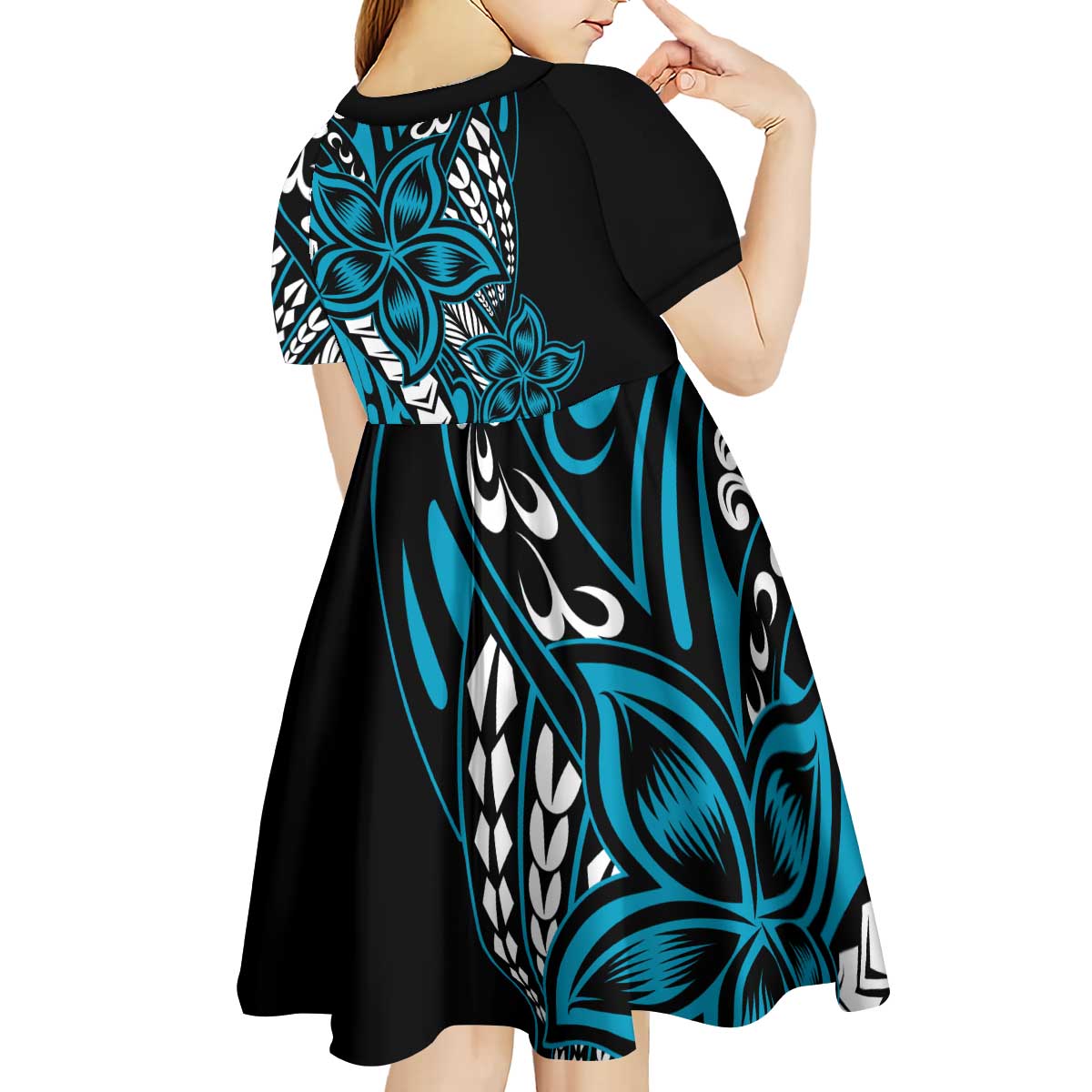 Polynesian Plumeria Floral Tattoo Pattern Kid Short Sleeve Dress Blue Style LT9 - Polynesian Pride