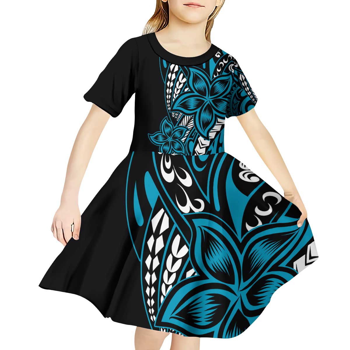 Polynesian Plumeria Floral Tattoo Pattern Kid Short Sleeve Dress Blue Style LT9 - Polynesian Pride