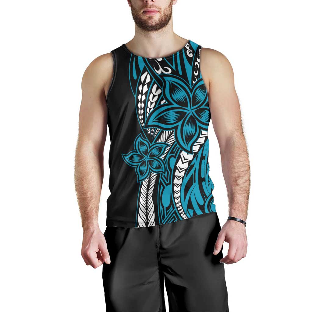 Polynesian Plumeria Floral Tattoo Pattern Men Tank Top Bllue Style