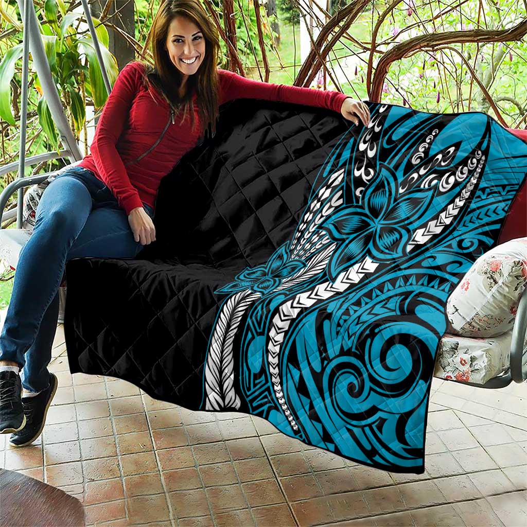 Polynesian Plumeria Floral Tattoo Pattern Quilt Blue Style