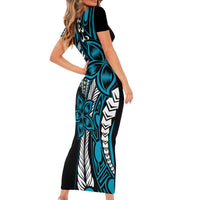 Polynesian Plumeria Floral Tattoo Pattern Short Sleeve Bodycon Dress Bllue Style