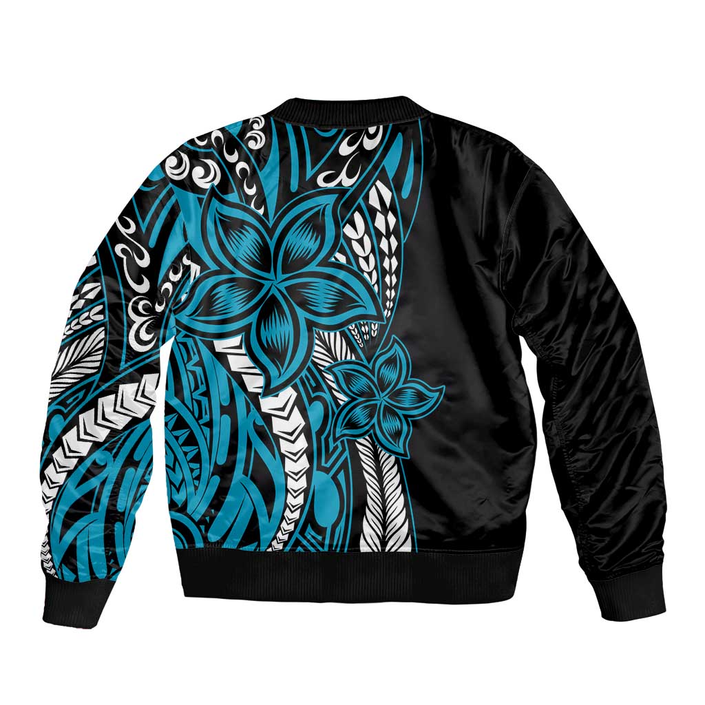 Polynesian Plumeria Floral Tattoo Pattern Sleeve Zip Bomber Jacket Bllue Style