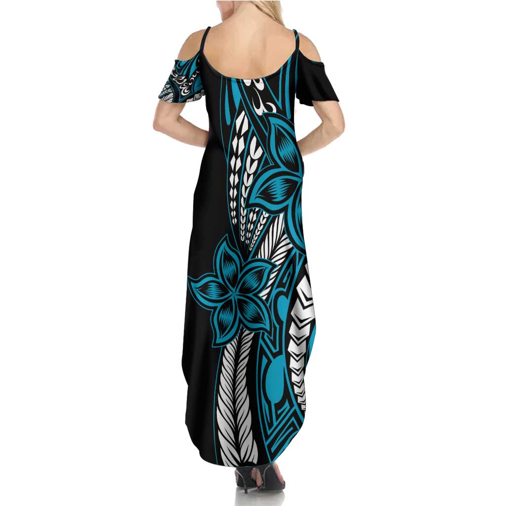 Polynesian Plumeria Floral Tattoo Pattern Summer Maxi Dress Bllue Style