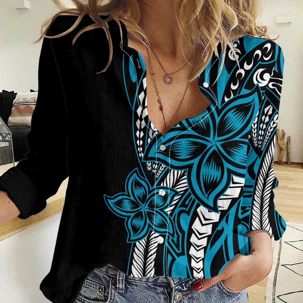 Polynesian Plumeria Floral Tattoo Pattern Women Casual Shirt Bllue Style