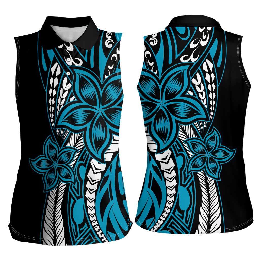 Polynesian Plumeria Floral Tattoo Pattern Women Sleeveless Polo Shirt Blue Style LT9 - Polynesian Pride