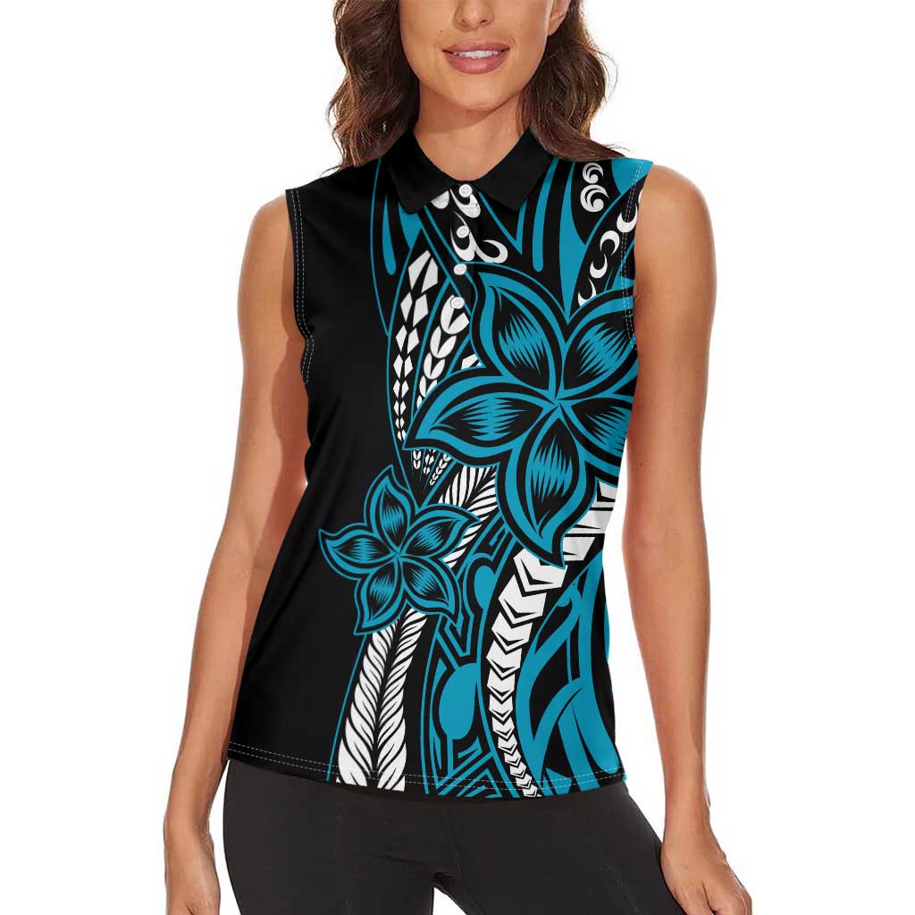 Polynesian Plumeria Floral Tattoo Pattern Women Sleeveless Polo Shirt Blue Style LT9 - Polynesian Pride