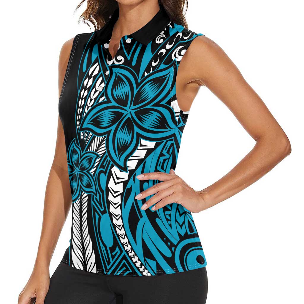 Polynesian Plumeria Floral Tattoo Pattern Women Sleeveless Polo Shirt Blue Style LT9 - Polynesian Pride