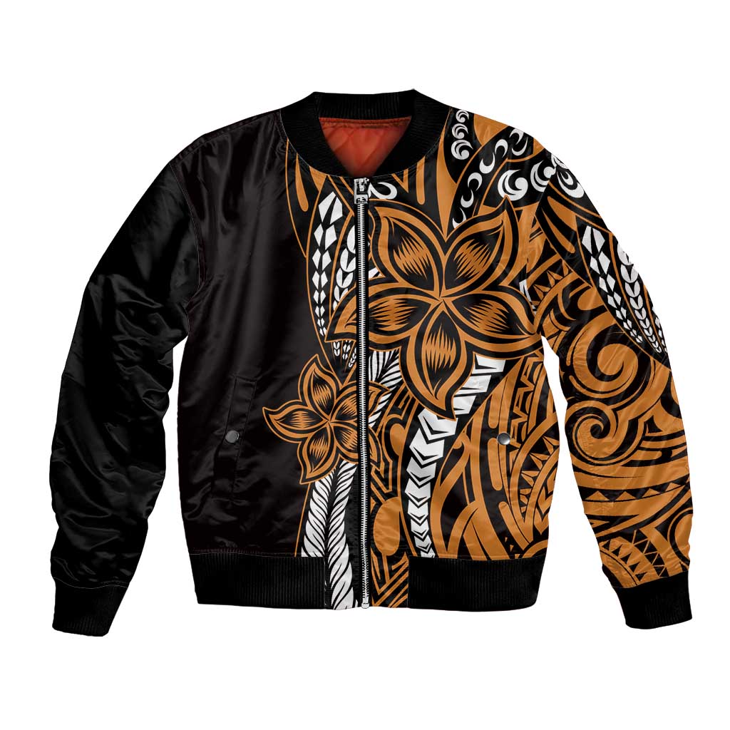 Polynesian Plumeria Floral Tattoo Pattern Bomber Jacket Gold Style