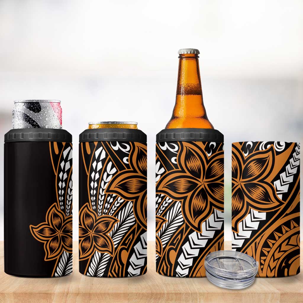 Polynesian Plumeria Floral Tattoo Pattern 4 in 1 Can Cooler Tumbler Gold Style