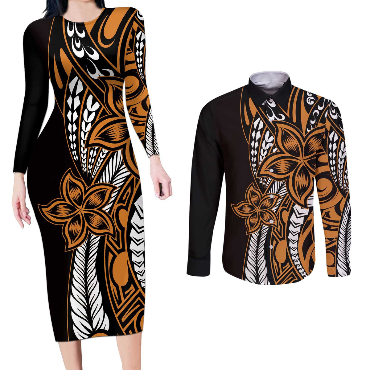 Polynesian Plumeria Floral Tattoo Pattern Couples Matching Long Sleeve Bodycon Dress and Long Sleeve Button Shirt Gold Style