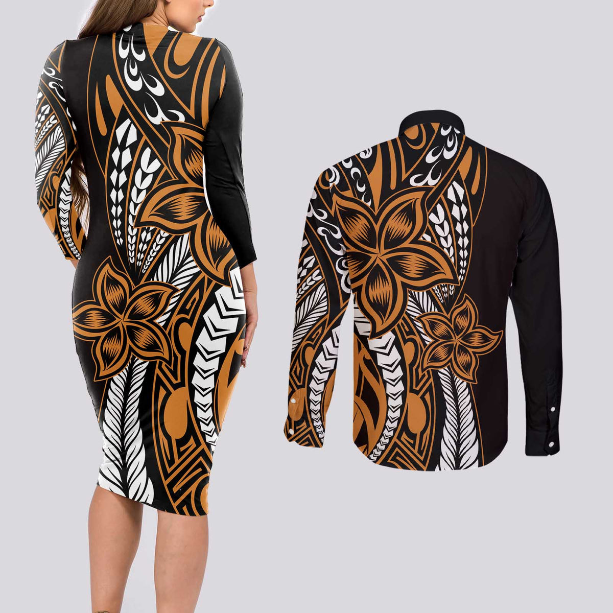 Polynesian Plumeria Floral Tattoo Pattern Couples Matching Long Sleeve Bodycon Dress and Long Sleeve Button Shirt Gold Style