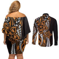 Polynesian Plumeria Floral Tattoo Pattern Couples Matching Off Shoulder Short Dress and Long Sleeve Button Shirt Gold Style