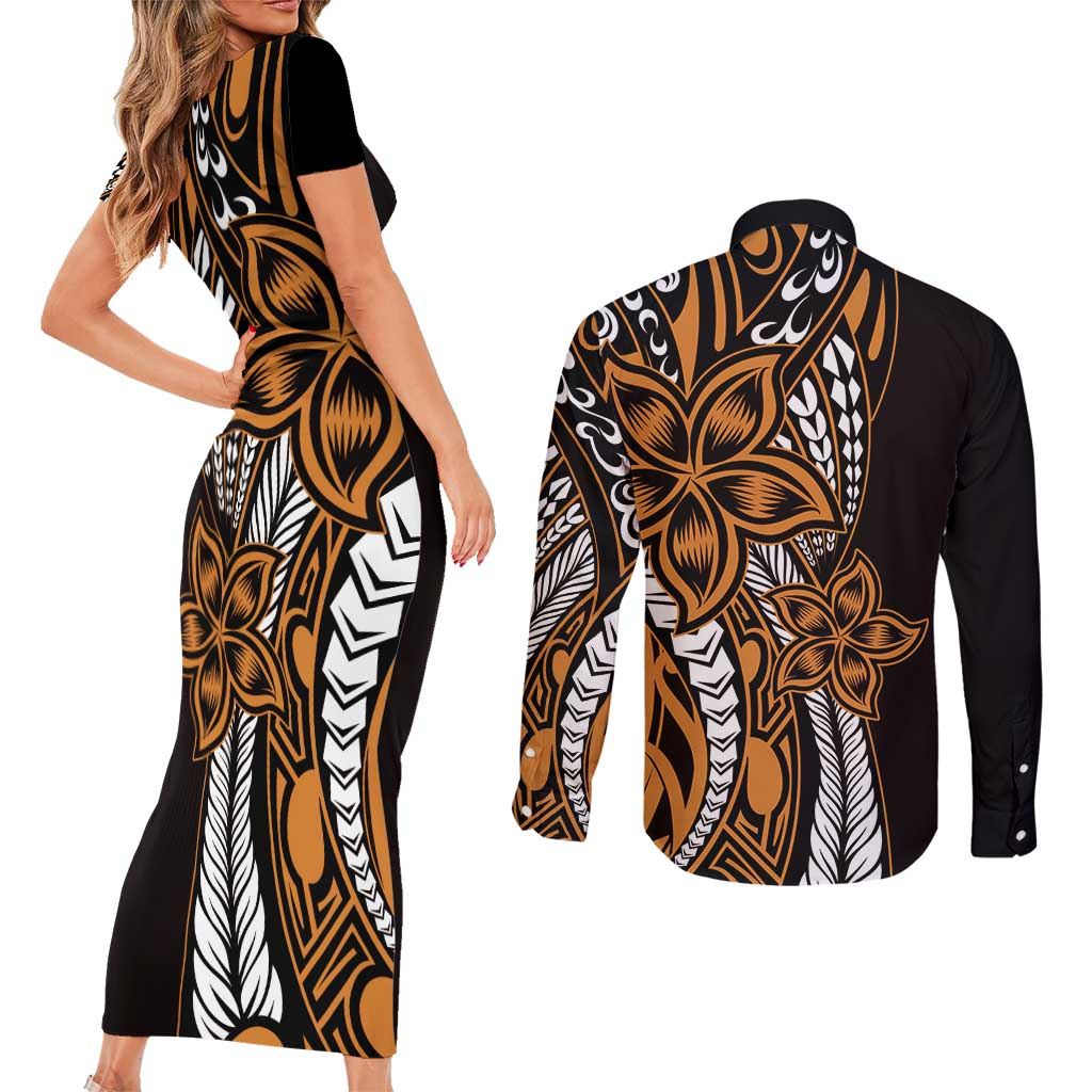 Polynesian Plumeria Floral Tattoo Pattern Couples Matching Short Sleeve Bodycon Dress and Long Sleeve Button Shirt Gold Style