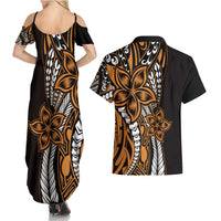 Polynesian Plumeria Floral Tattoo Pattern Couples Matching Summer Maxi Dress and Hawaiian Shirt Gold Style