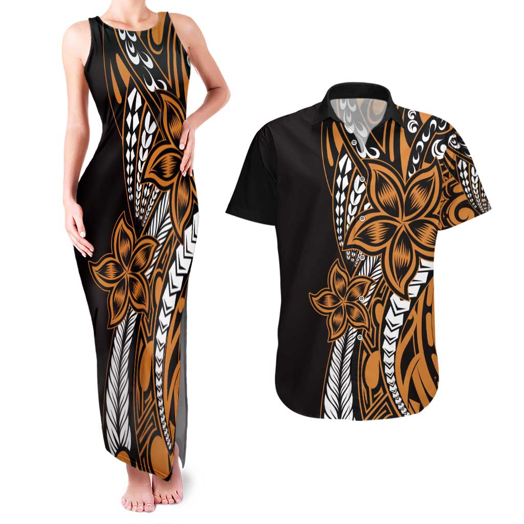 Polynesian Plumeria Floral Tattoo Pattern Couples Matching Tank Maxi Dress and Hawaiian Shirt Gold Style