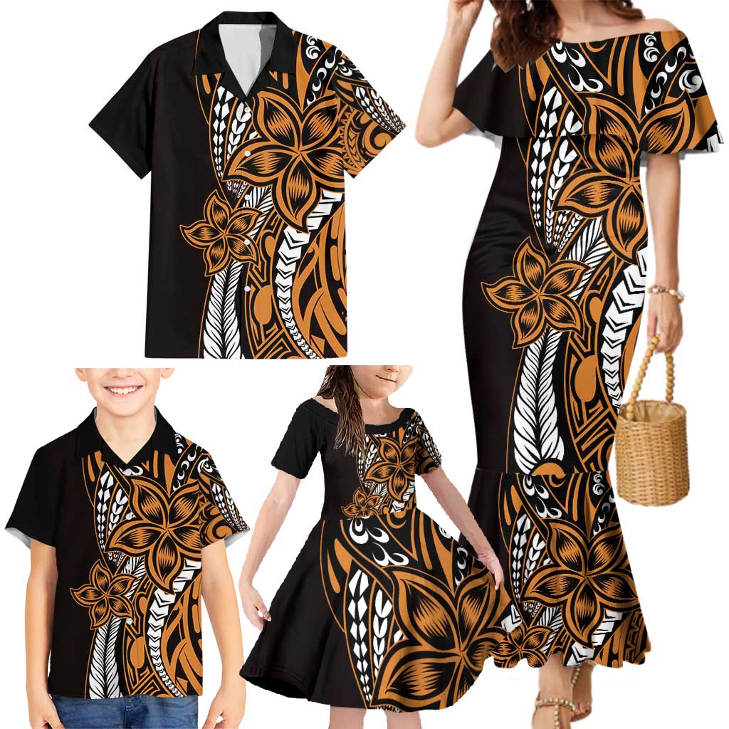Polynesian Plumeria Floral Tattoo Pattern Family Matching Mermaid Dress and Hawaiian Shirt Gold Style