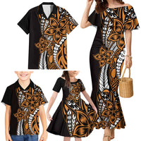 Polynesian Plumeria Floral Tattoo Pattern Family Matching Mermaid Dress and Hawaiian Shirt Gold Style