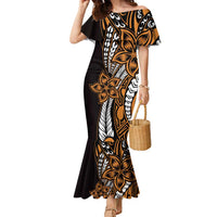 Polynesian Plumeria Floral Tattoo Pattern Family Matching Mermaid Dress and Hawaiian Shirt Gold Style