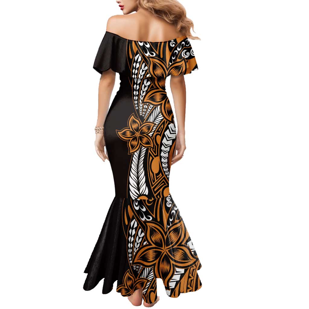 Polynesian Plumeria Floral Tattoo Pattern Family Matching Mermaid Dress and Hawaiian Shirt Gold Style