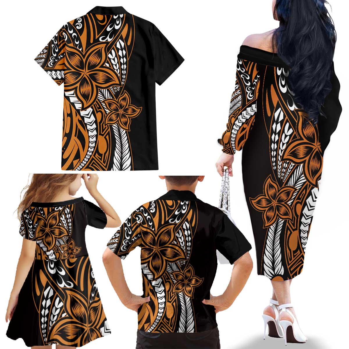 Polynesian Plumeria Floral Tattoo Pattern Family Matching Off The Shoulder Long Sleeve Dress and Hawaiian Shirt Gold Style