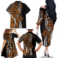 Polynesian Plumeria Floral Tattoo Pattern Family Matching Off The Shoulder Long Sleeve Dress and Hawaiian Shirt Gold Style