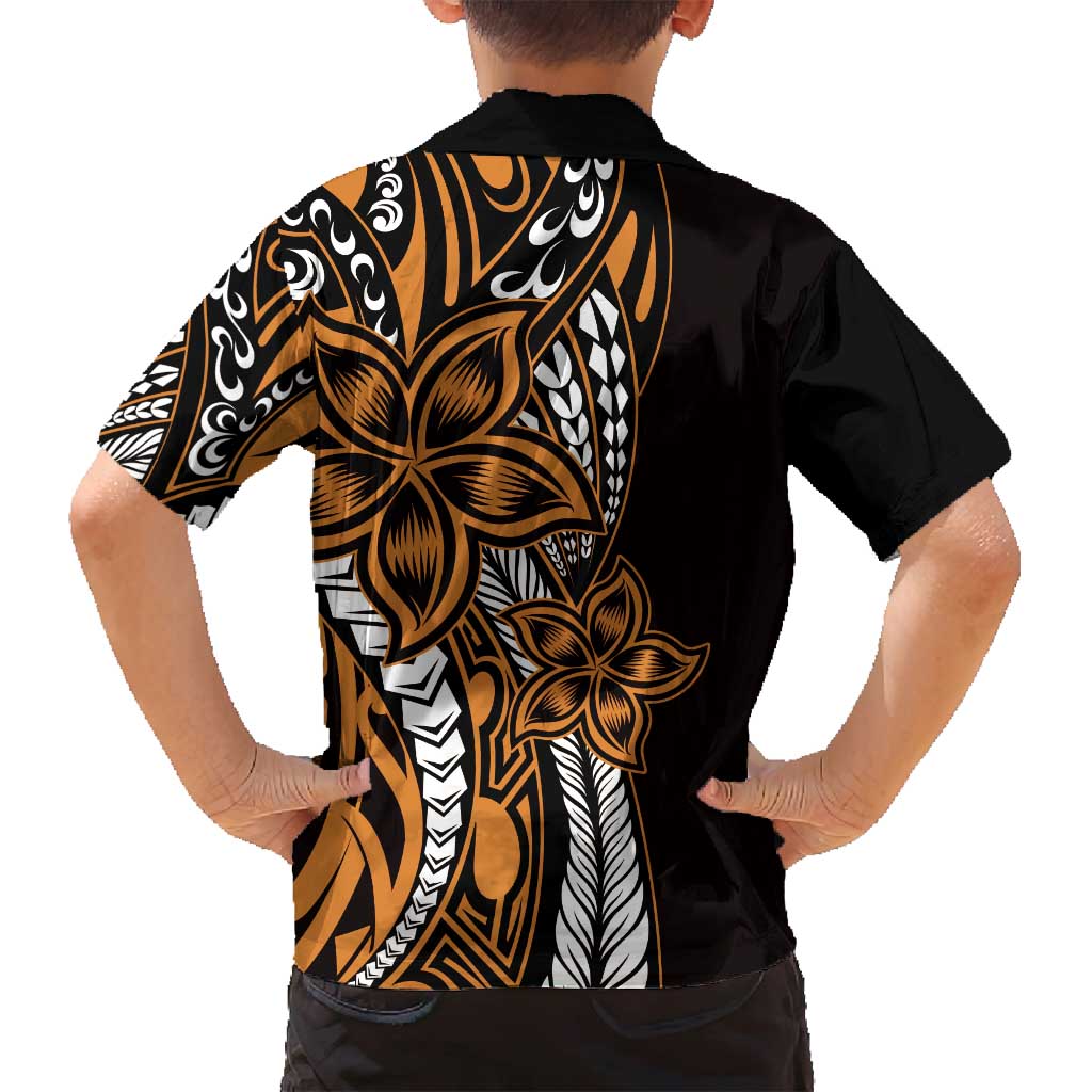 Polynesian Plumeria Floral Tattoo Pattern Family Matching Tank Maxi Dress and Hawaiian Shirt Gold Style