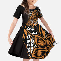Polynesian Plumeria Floral Tattoo Pattern Family Matching Tank Maxi Dress and Hawaiian Shirt Gold Style
