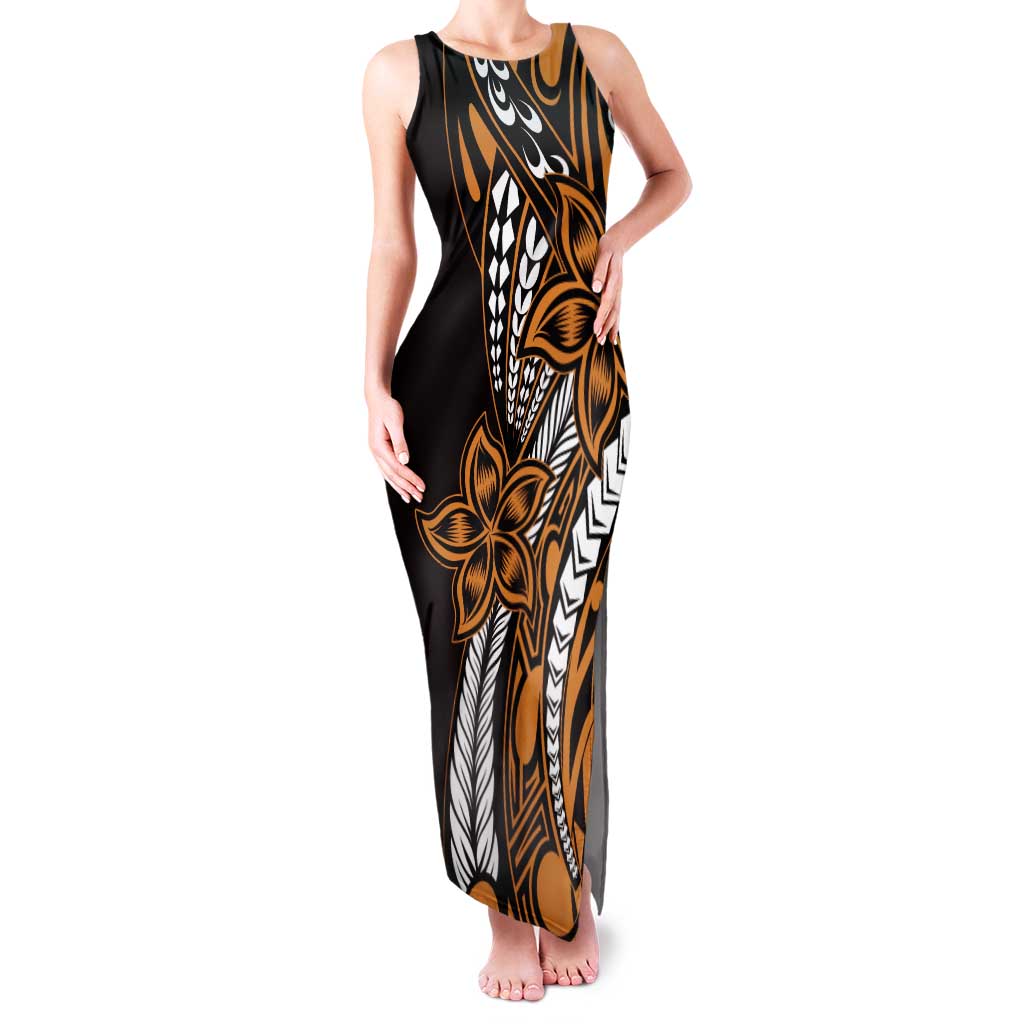 Polynesian Plumeria Floral Tattoo Pattern Family Matching Tank Maxi Dress and Hawaiian Shirt Gold Style