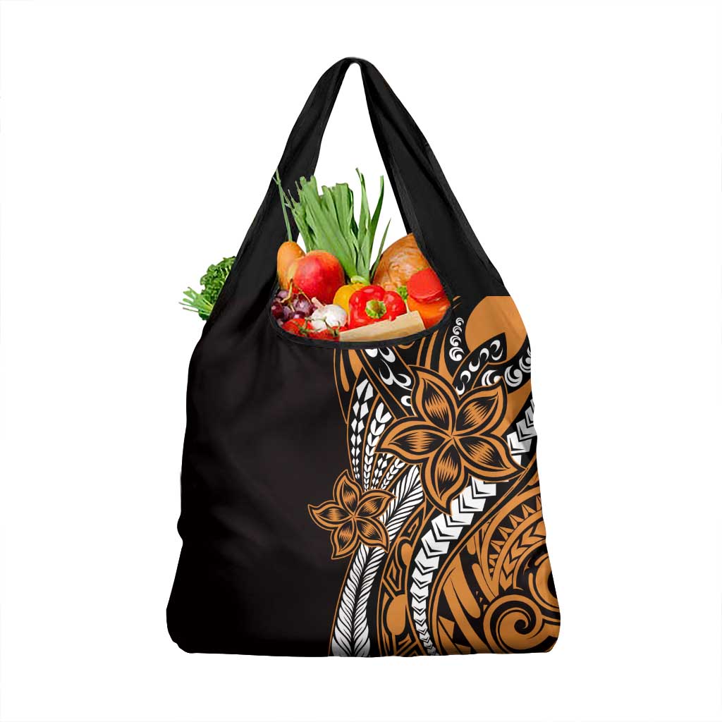 Polynesian Plumeria Floral Tattoo Pattern Grocery Bag Gold Style