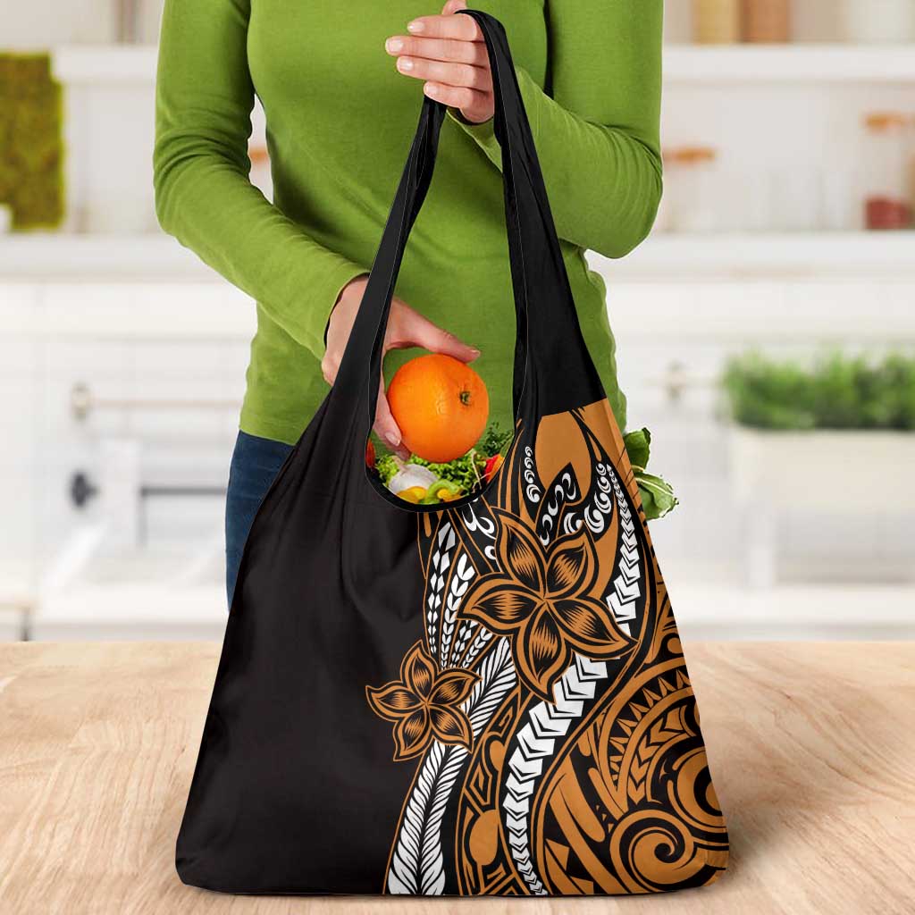 Polynesian Plumeria Floral Tattoo Pattern Grocery Bag Gold Style