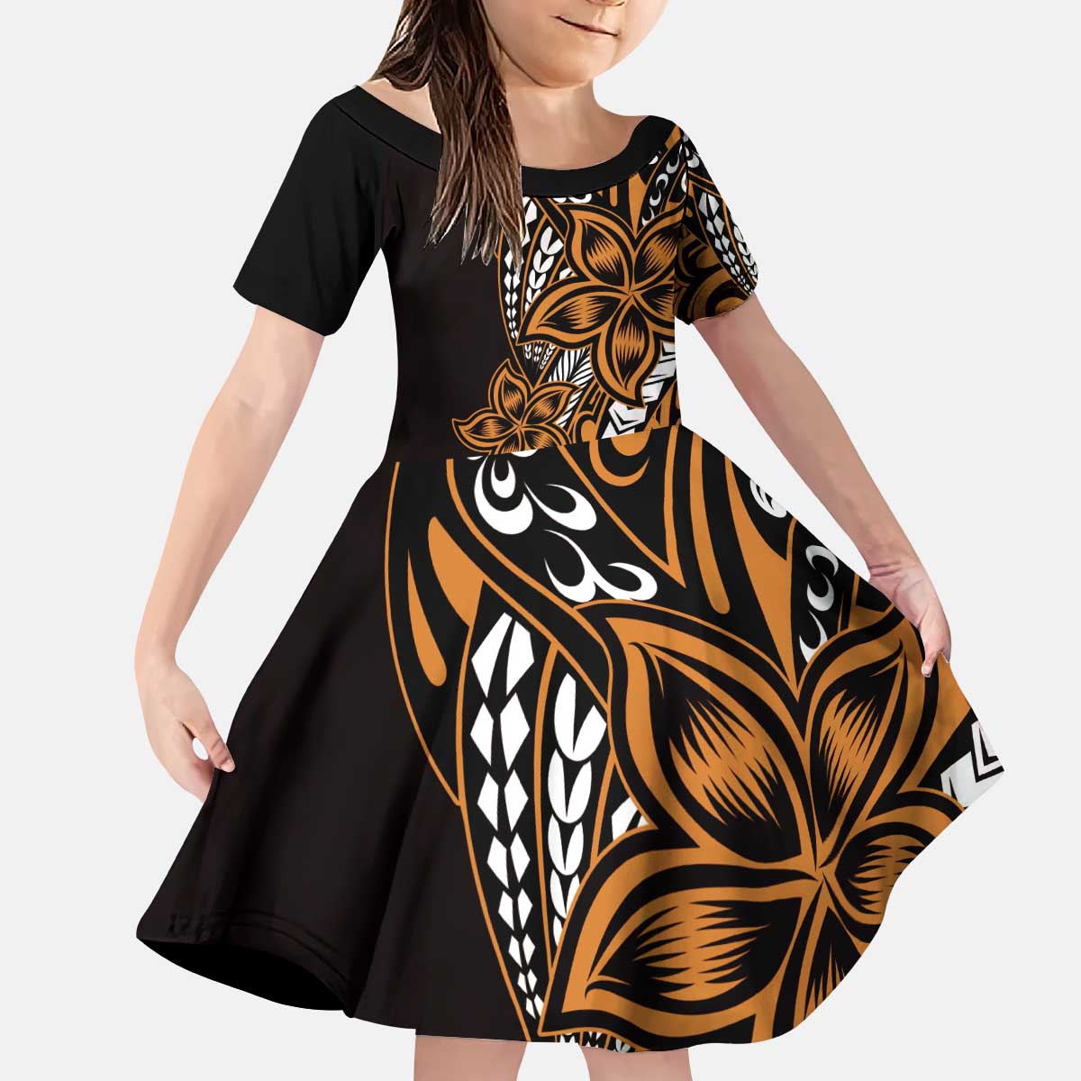 Polynesian Plumeria Floral Tattoo Pattern Kid Short Sleeve Dress Gold Style