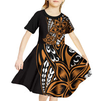Polynesian Plumeria Floral Tattoo Pattern Kid Short Sleeve Dress Gold Style