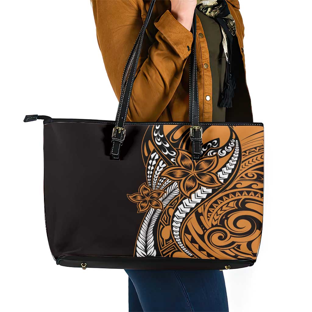 Polynesian Plumeria Floral Tattoo Pattern Leather Tote Bag Gold Style