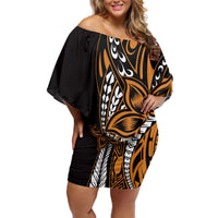 Polynesian Plumeria Floral Tattoo Pattern Off Shoulder Short Dress Gold Style