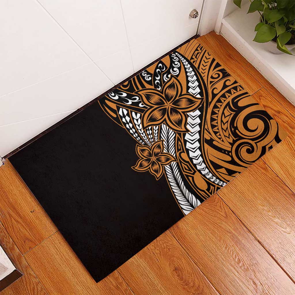 Polynesian Plumeria Floral Tattoo Pattern Rubber Doormat Gold Style