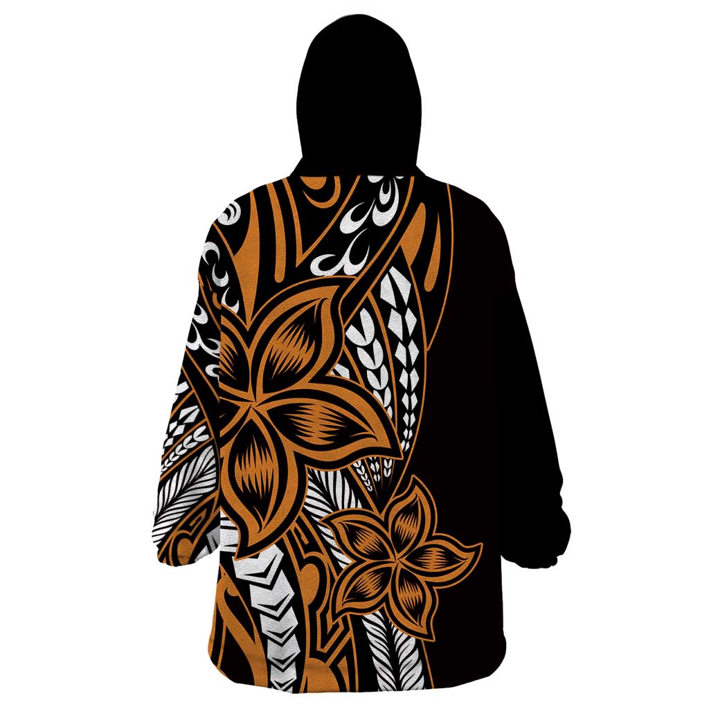 Polynesian Plumeria Floral Tattoo Pattern Wearable Blanket Hoodie Gold Style